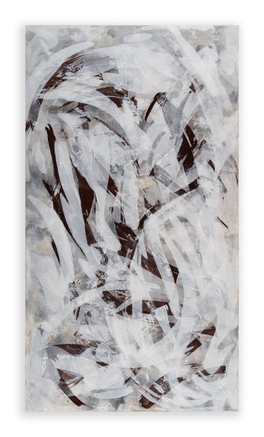 Abstract expressionist painting featuring energetic white and dark brown brushstrokes on a vertical canvas.