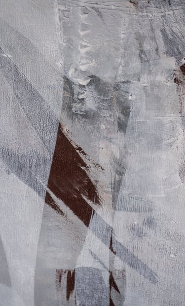 Abstract painting with textured white and grey brushstrokes over a dark brown background.