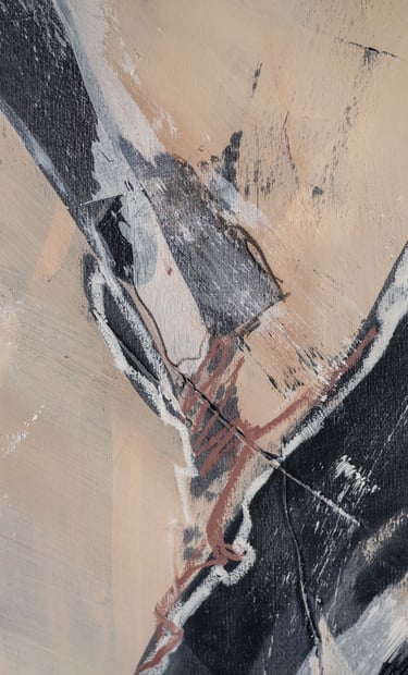 Abstract expressionist painting with bold black and white brushstrokes on a beige canvas texture.