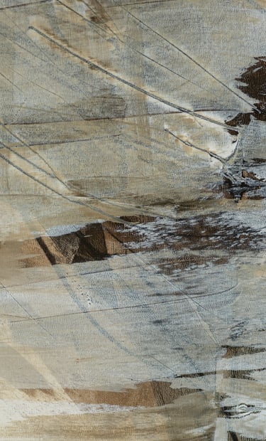 Close-up of a contemporary abstract painting featuring textured brushstrokes in neutral tones of beige, white, and dark