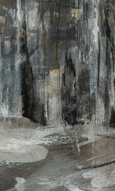 Abstract acrylic painting with textured grey, black, and white brushstrokes and gold leaf accents.