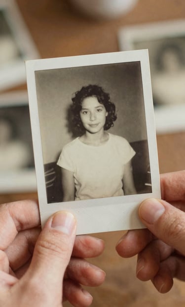 Intimate, grainy film shot of hands holding an old, faded photograph. Soft lighting, warm muted tones of #D1B499 and #F8F3EC, focusing on the texture of the paper and skin.