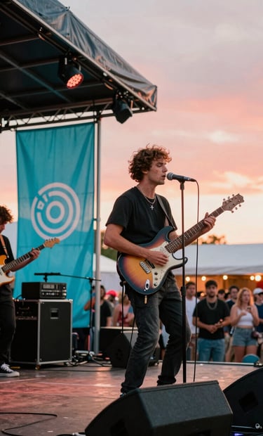 A high-energy live performance at an International / English-speaking outdoor festival. The sun is setting, casting vibrant coral light over the stage where the artist is playing. A bright turquoise banner with a logo hangs in the background.