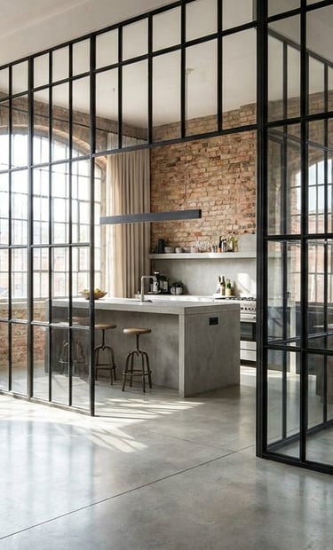 Cerramiento loft de cristal y acero en interior de vivienda, Murcia