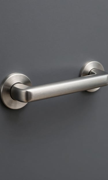 A close-up detail shot of a sleek silver metal door handle on a matte dark gray surface. The lighting is crisp and professional, highlighting the metallic texture and clean lines typical of Northern European industrial design. Minimalist and sharp composition.