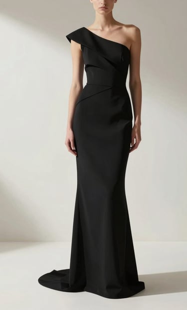 A high-end fashion editorial shot featuring a minimalist black gown with architectural lines. The lighting is dramatic, creating sharp shadows against an off-white #F8F8F8 background. Sophisticated and artistic composition.