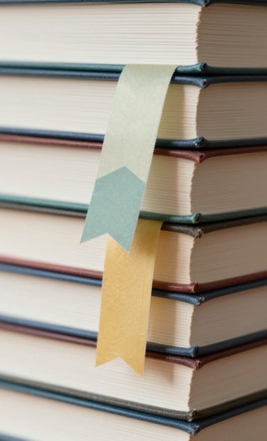 A detailed shot of a stack of books with several colorful ribbons and artistic bookmarks sticking out. The focus is sharp on the texture of the paper and the rich colors of the bookmarks which include the palette #7A9E9F and #D4B281.
