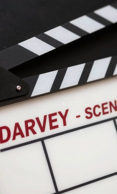 Close up of a director's clapboard with the text 'DARVEY - SCENE 1' in a typewriter font. Stylized with #D4202B red and #FDFDF5 off-white. Comic book style dots in the shadows.