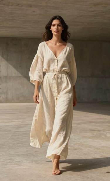 A poetic high-fashion photograph of a woman walking through an open-air modernist concrete gallery in Brazil. Soft, warm sunlight, clean lines, minimalist composition with emphasis on the elegant drape of a cream linen dress, editorial style.