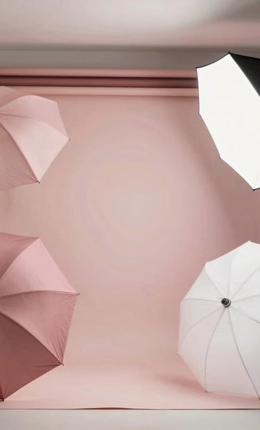 A high-end professional photography studio setup in the Middle East, featuring soft lighting umbrellas, feminine decor in dusty rose and light pinkish white, and a clean, luxurious backdrop for fashion portraits.