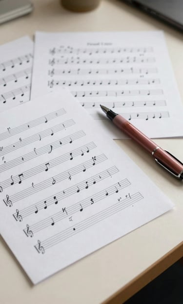 A collection of handwritten musical scores and lyrics on a Soft Pearl Beige desk in a North American / US home office. A Muted Rosewood ink pen rests on the paper, symbolizing the intimate process of songwriting.