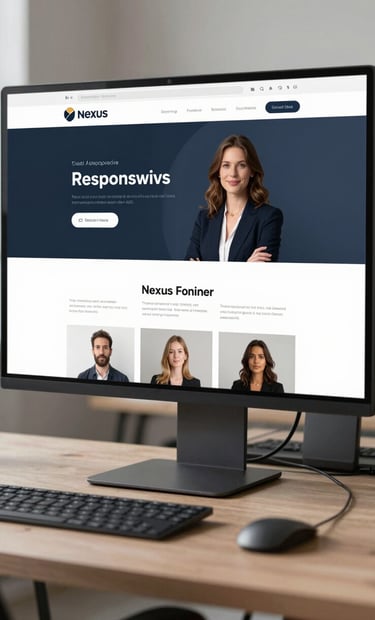 A modern workspace with a large monitor displaying the final responsive website for Nexus, showcasing a professional and trustworthy aesthetic with minimalist layout.