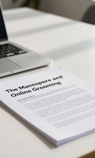 A close-up shot of a printed academic research paper titled 'The Manosphere and Online Grooming' resting on a minimalist white oak conference table next to a sleek aluminum laptop in a professional workspace in Mexico City, under sharp morning light.