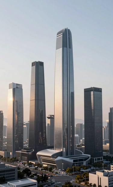 A high-detail 3D render of a digital landscape featuring futuristic architecture inspired by modern North American / US skyscrapers, using soft sunset lighting with slate gray shadows and soft pearl white highlights.