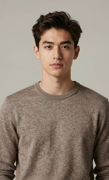 A sophisticated studio portrait of a young man for a senior session. He is wearing a sweater in #6A5F60. The lighting is soft and professional, creating a timeless and confident look. Elegant composition with a neutral background.