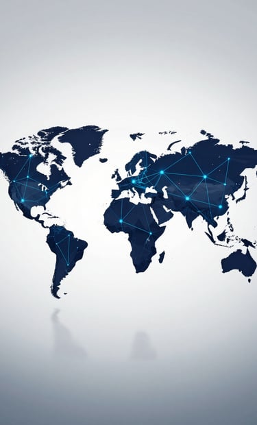 A sophisticated digital visualization of global network connections over a darkened world map, featuring professional deep blues (#1A2C38) and subtle highlights in light blue (#A9C5D0). The lighting is cinematic and refined, suggesting complex geopolitical data.