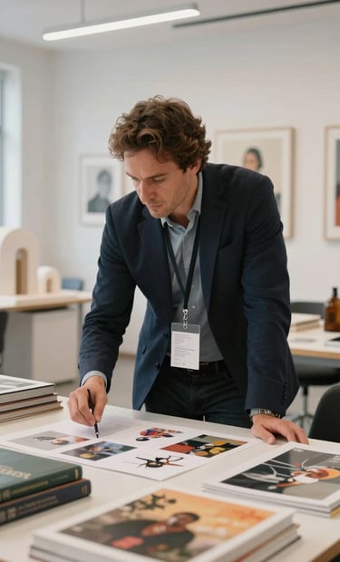 A sophisticated curator and an artist discussing a portfolio in a bright, modern International / Global Art Scene office with large art books and architectural models in the background.