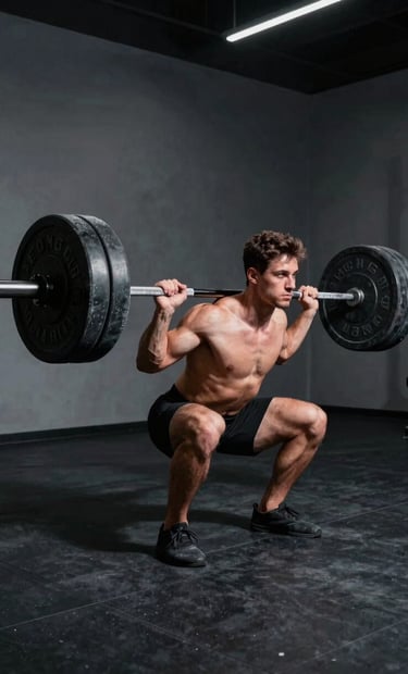 A male model performing a heavy barbell lift in a minimalist studio, dramatic top-down lighting creating sharp shadows, charcoal black floor, crisp frost highlights on the steel equipment, high contrast.