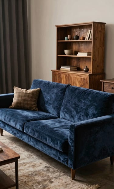 Une photographie de plateau de cinéma montrant les coulisses d'un décor sophistiqué, Western European / French, lumières de studio tamisées, mélange de mobilier moderne et de textures de velours bleu sourd, atmosphère créative et ordonnée.