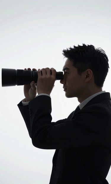 Minimalist portrait of a director looking through a viewfinder, silhouetted against a bright, soft-lit background. The style is artistic and premium, emphasizing visual storytelling and refined elegance.
