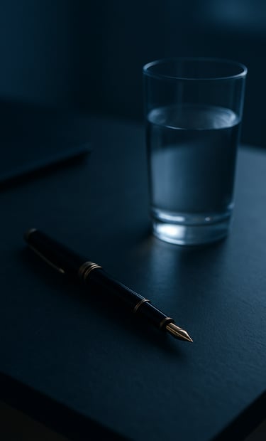 A close-up photograph of a minimalist desk setup in a South American / Brazilian home office. A high-end fountain pen and a glass of water rest on a dark stone surface, illuminated by soft navy blue ambient light, conveying focus and sophistication.