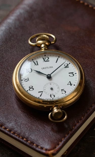A still life photograph of an antique gold pocket watch resting on a leather-bound notebook. The scene is lit with a low, dramatic light that emphasizes the polished metal and the texture of the dark espresso leather. Serious and timeless.