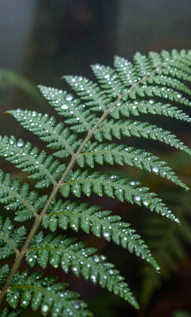 A macro photography shot of a delicate dew-covered fern leaf in a misty North American temperate rainforest, highlighting intricate textures and fresh light against a dark green background.