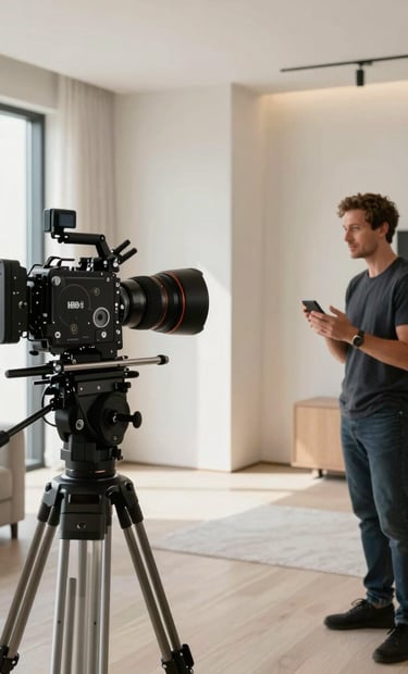 A polished production still of an interview setup in a modern North American / US penthouse, featuring soft off-white lighting and high-end cinematic equipment, styled for a premium network like HBO.