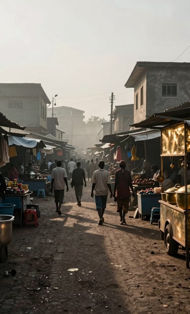 Cinematic documentary photography of a vibrant street market in a Angolana city, soft misty white morning light, deep obsidian black shadows in the alleyways, antique burnished gold sunlight reflecting off metal surfaces.