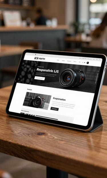A tablet resting on a wooden table in a busy North American / US cafe, screen showing a responsive web design with bold black and white elements, shallow depth of field.