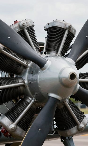 A close-up macro shot of a vintage aircraft's radial engine. The focus is on the metallic textures and oily sheen of the cylinders, with highlights in #F8F8F8 and deep shadows in #1C2833, capturing the essence of mechanical heritage.