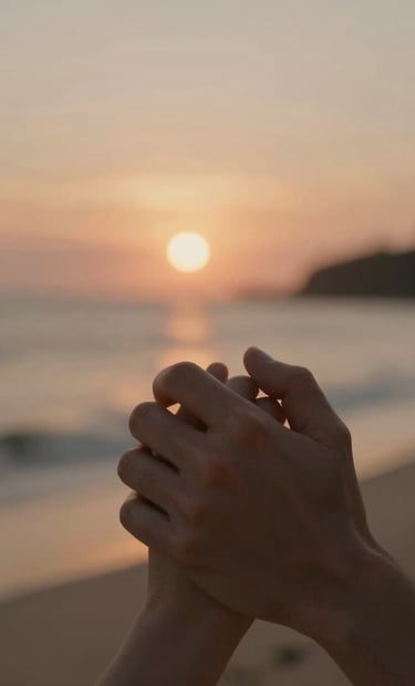 A close-up, intimate shot of a couple's interlaced fingers against a soft Balinese sunset background. The lighting is warm and nostalgic with soft focus, reflecting the #8F6E5F and #D4C7BB color palette.