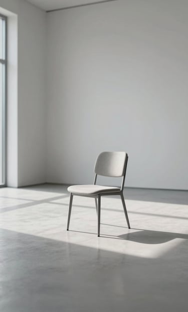 A minimalist, contemporary photograph of a single chair in a vast, empty gallery space. Soft natural light from a high window creates a long shadow on the polished floor. Neutral tones including #D0D5DB and #F5F7FA. Clean, sharp composition.