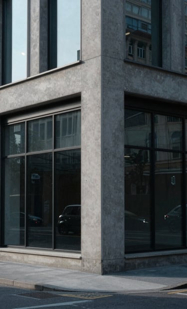 A minimalistic street life photograph capturing the sharp geometric lines of modern Western architecture. The scene shows a quiet city corner with clean concrete surfaces and reflections on large glass windows, using a palette of charcoal grey and soft blue-grey.