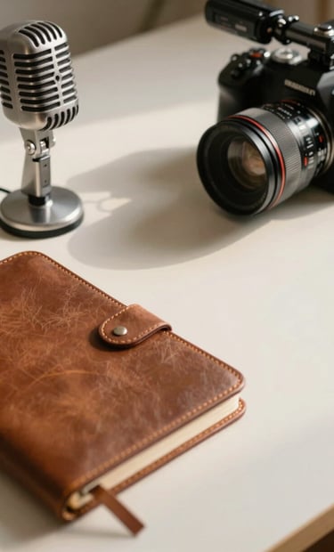 A close-up photograph of a minimalist desk setup featuring a vintage-style silver microphone and a professional filmmaker's leather-bound notebook. Soft, warm natural light spills across the off-white surface. North American / US interior styling with a cozy, creative vibe.