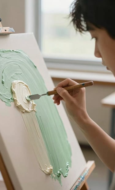 A close-up photograph of a student in a North American secondary school carefully using a palette knife to apply thick cream and sage green paint to a canvas, soft morning light from a window, inspiring educational atmosphere.