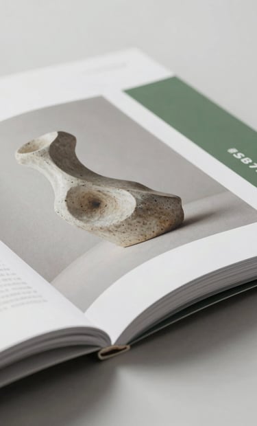 A close-up shot of an exhibition catalogue's open page, showing high-fidelity photography of a sustainable sculpture. The paper is thick and tactile. Lighting is soft and natural. Colors are neutral with accents of #5B7B71 and #293B37.