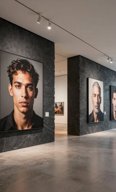 A wide-angle view of a modern art gallery in a North American / US urban center, featuring large-scale digital portraits on charcoal slate walls, lit by minimalist recessed lighting.