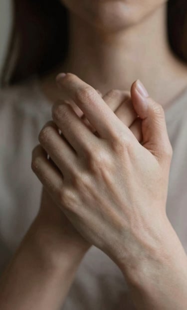 A close-up artistic shot of hands intertwined, focusing on the texture of the skin and the subtle play of light and shadow, chiaroscuro style, featuring tones of #1F1E1C and #F5F2EF, sophisticated and intimate.