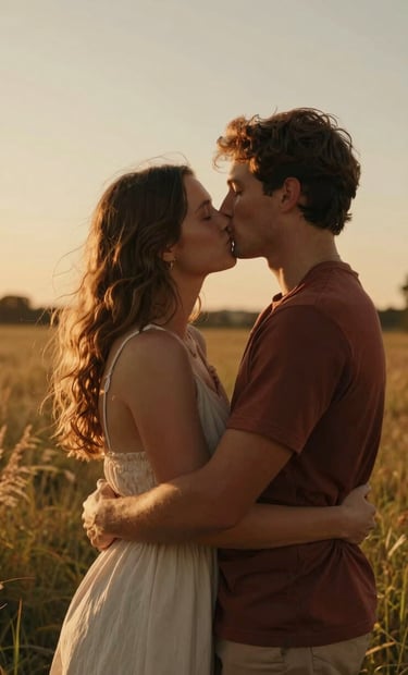 A cinematic, sun-drenched portrait of a couple embracing in a North American / US meadow at sunset. The lighting is warm and golden with hints of terracotta, capturing a soft, authentic moment.