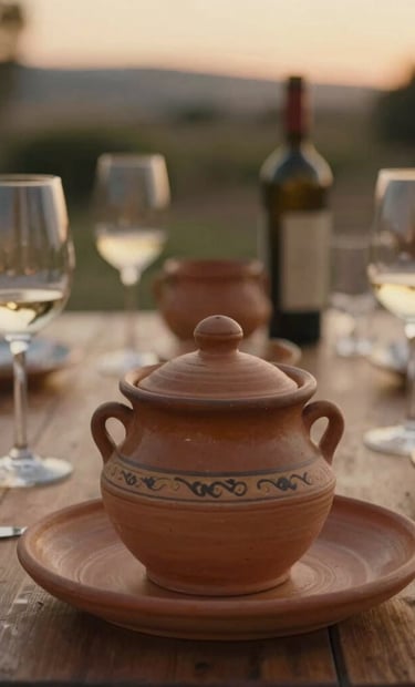 A detailed close-up shot of a rustic outdoor table setting in Spain / Southern Europe, with warm terracotta pottery and glasses of wine catching the low golden sunset light. Cozy, natural lifestyle vibe, suggesting a slow evening of stories and connection.