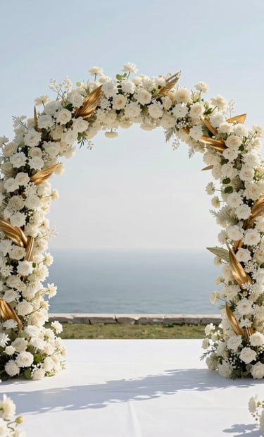 A wide-angle professional photograph of a luxury outdoor wedding ceremony arch in Istanbul, Turkey. The arch is decorated with soft off-white flowers and elegant metallic gold accents against a clean horizon. High-end, minimalist aesthetic, natural bright lighting.