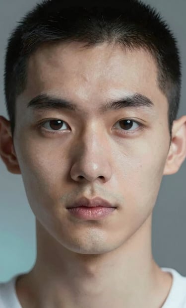 Detailed AI portrait close-up highlighting textures and realistic lighting, composition includes soft shadows of #1A202C and highlights in #E0FBFC, minimalist and high-tech aesthetic.