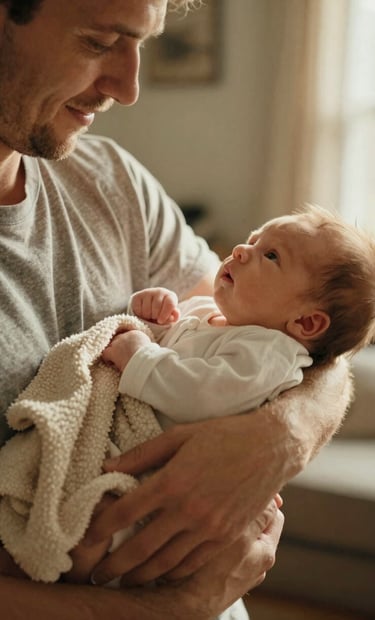 A cinematic, candid lifestyle photograph of a father gently holding a newborn baby in a sun-drenched North American / US living room. The lighting is warm and golden, highlighting the soft texture of a Soft Sand colored blanket. The composition is intimate and close-up, focusing on the emotional connection and authentic interaction.