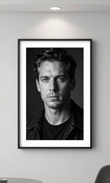 A premium custom-framed portrait hanging on a minimalist white wall in a modern North American home. The frame is sleek and black, housing a cinematic black and white photograph. Gallery-style spotlighting creates a sophisticated atmosphere.