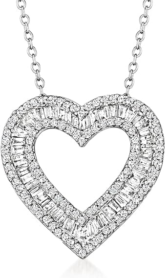 Baguette and Round Diamond Heart Pendant Necklace in Sterling Silver. Necklace for Girlfriend