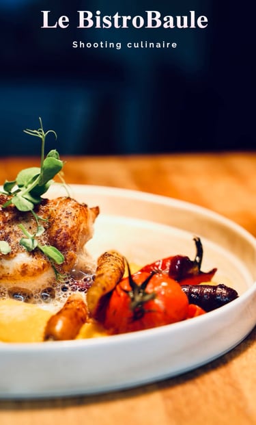 Assiette blanche avec du poisson et des légumes posé sur une planche en bois