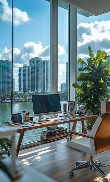 Moderna oficina en Miami con escritorio de madera y vistas panorámicas a la ciudad 