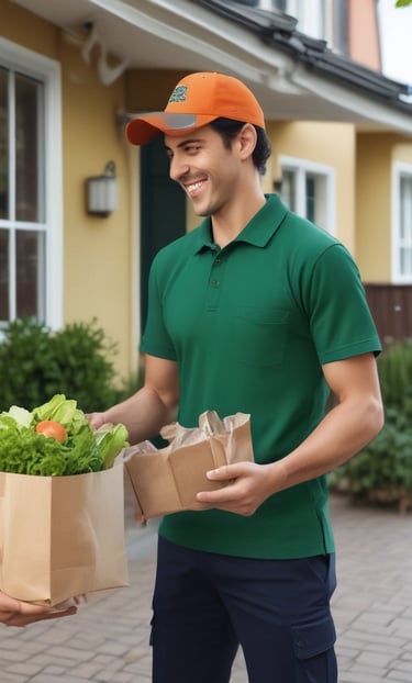 A delivery person handing a grocery bag to a smiling customer at their doorstep in the morning light