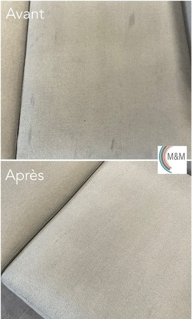 Avant après shampouinge d'une assise de canapé blanche nettoyage en profondeur à Rouen M&M Services 